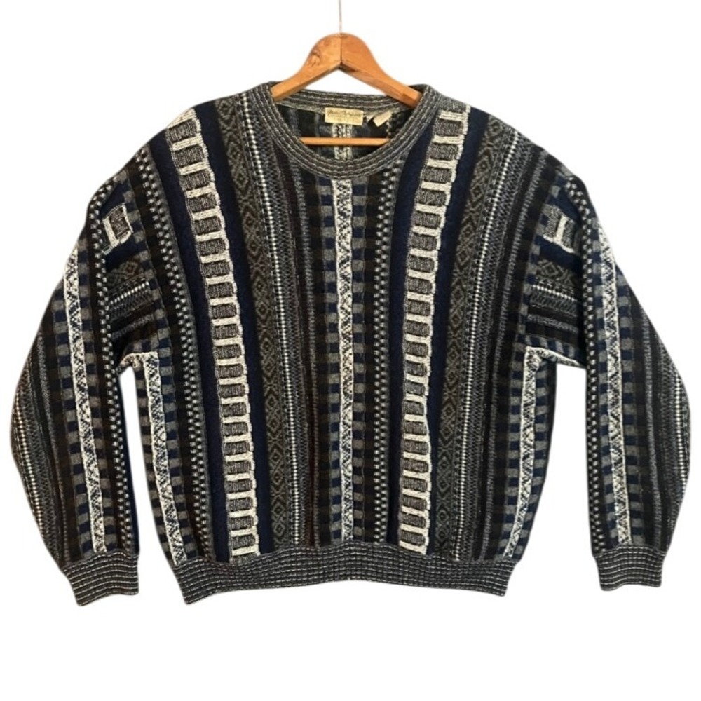 Norm Thompson Mens Italian Wool Blend Geometric Pattern Crewneck Sweater XL